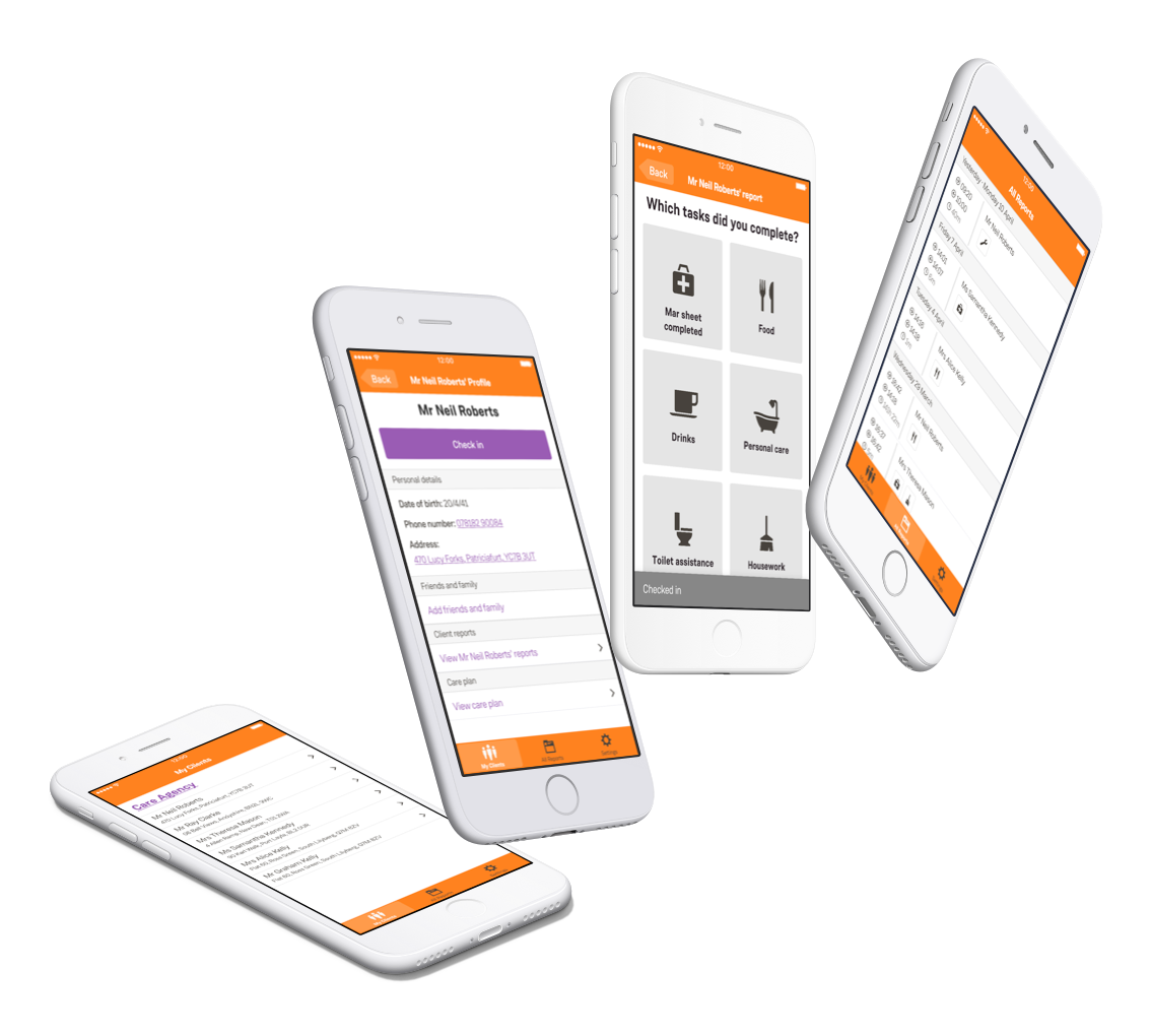 Four iPhone 6 devices laid out depicting from right to left, 'my clients' view, a 'client profile' view, a 'checked in' view and 'all reports' view.